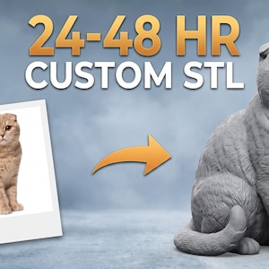 May include: A digital service offering a 24-48 HR CUSTOM STL file creation. The image displays a square photograph of a tan Scottish Fold cat on the left, with an orange arrow pointing to a grey, three-dimensional sculpted model of the same cat.