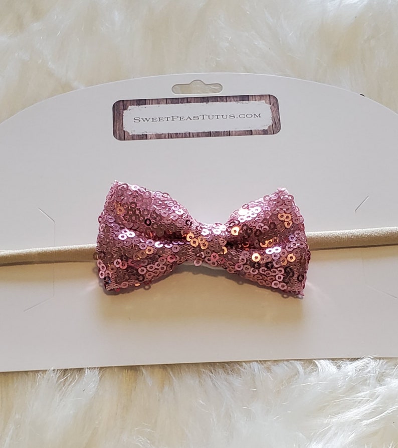 Petite Pink Sequin Bow on Nylon Headband
