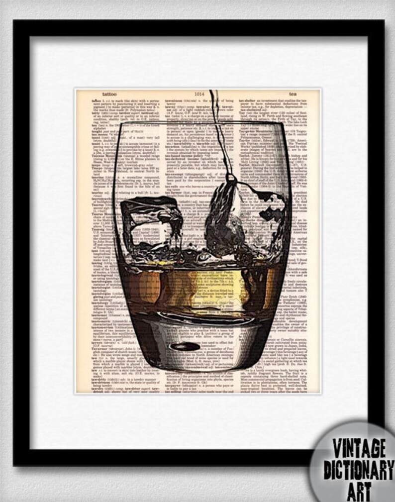 Cocktails in the Afternoon Series 8x10.5 printed on Vintage Dictionary Paper Pour Yourself a Whiskey or Scotch