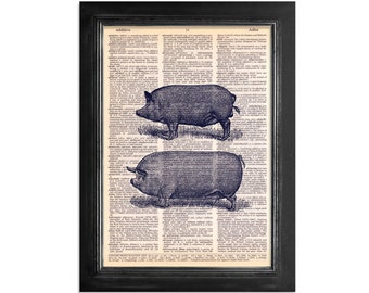 Two Pigs - Print on Vintage Dictionary Paper - 8x10.5