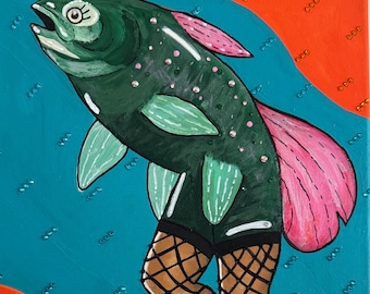 Stampa di pesce in stile troutesco – Carta artistica 8x10, colori vivaci, pesce in calze a rete