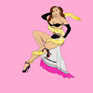 May include: A digital illustration of a figure with long brown hair wearing a black bikini and black opera gloves, seated on a white cloth with a pink hem. A large yellow and white patterned snake wraps around the figure. Text reads FindHairStef Creative.