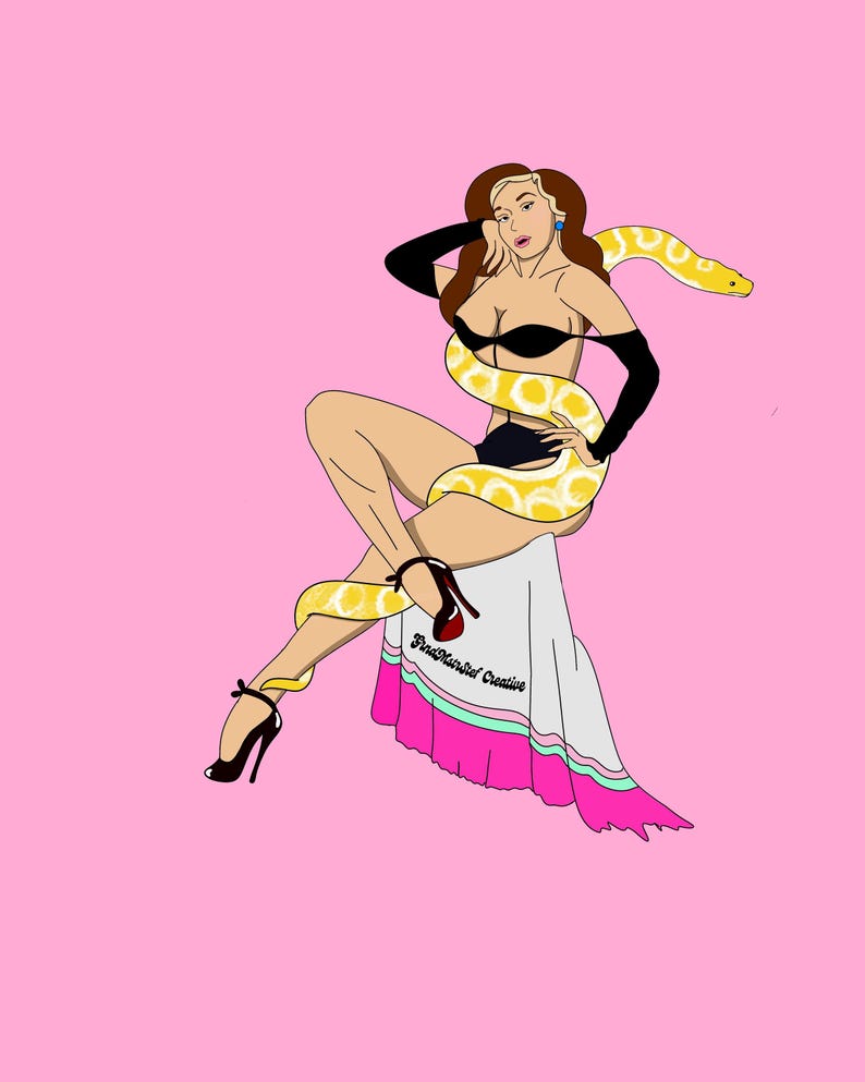 May include: A digital illustration of a figure with long brown hair wearing a black bikini and black opera gloves, seated on a white cloth with a pink hem. A large yellow and white patterned snake wraps around the figure. Text reads FindHairStef Creative.