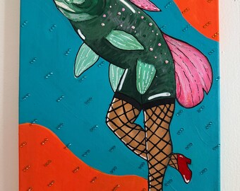 Stampa artistica "Troutesque Fish": Trota stravagante con tacchi e calze a rete (disponibili diverse opzioni di stampa)