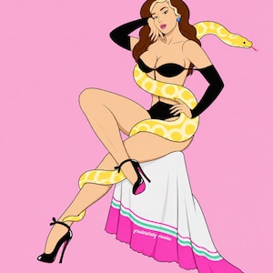 May include: A digital illustration of a person with brown hair wearing a black bikini, black opera gloves, and black high heels. A large yellow and white patterned snake is coiled around the figure. The person sits on a white cloth with pink and teal trim.