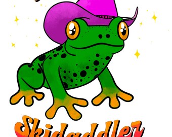 Stampa artistica "Rana stravagante Skidaddler": disegno originale, adesivo con rana e cappello da cowboy.