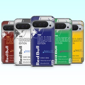 May include: A collection of phone cases featuring Red Bull energy drink designs. Each case showcases a different flavor: Peach, Coconut, Blueberry, Dragon Fruit, and Tropical. The cases display the Red Bull logo and flavor names in bold text.
