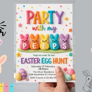 Editable Easter Birthday Invitation, Bunny Chick Peeps Egg Hunt Party (Digital Download) PDF