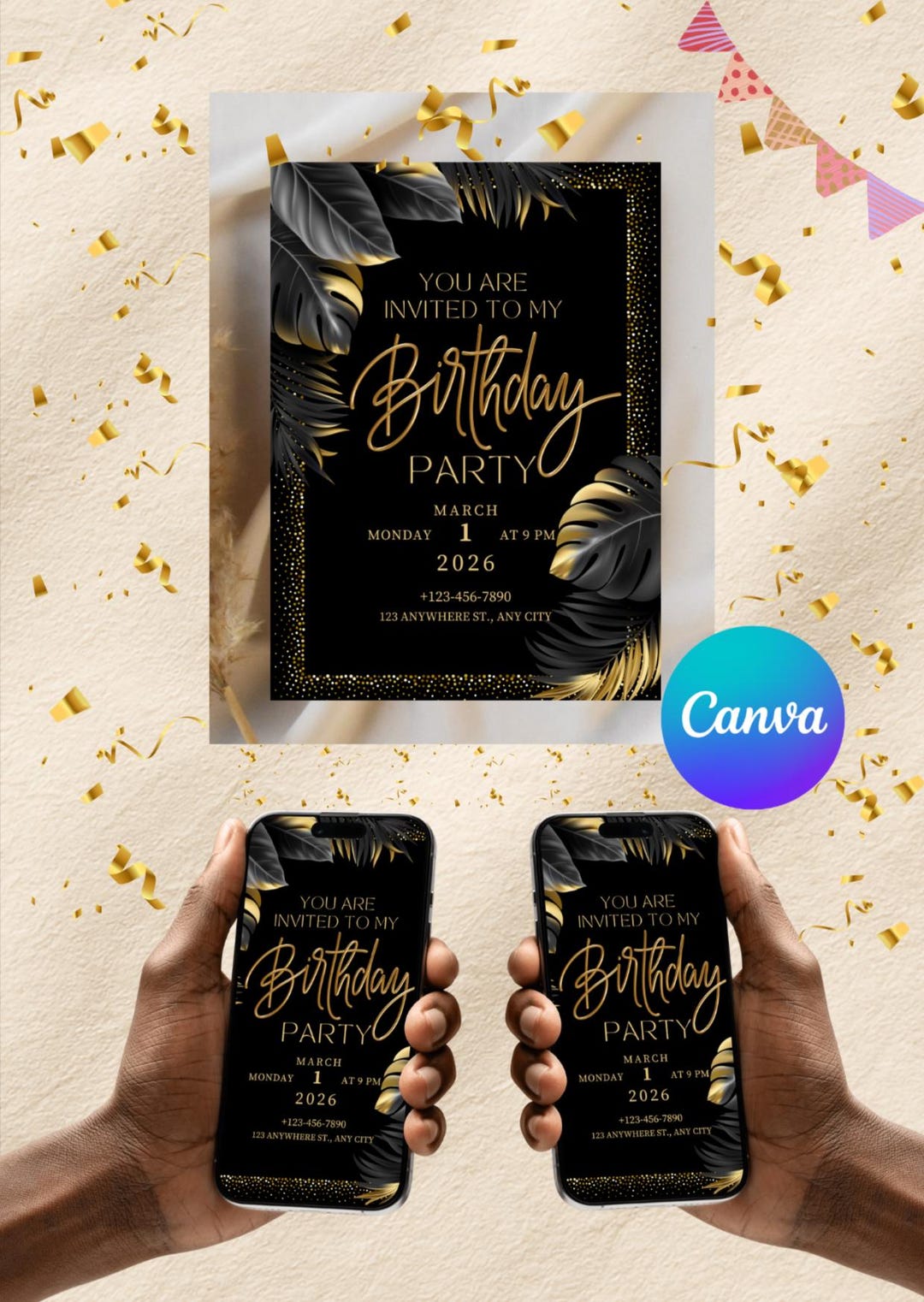 Black & Gold Birthday Invitation Template Editable Canva | Elegant ...