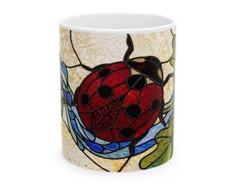 Taza de cerámica con diseño de mariquita en vidriera