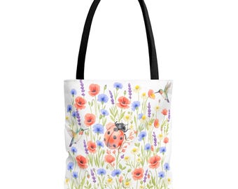 Bolso de mano con estampado de pradera de flores silvestres en acuarela / Estampado de mariquita y colibrí