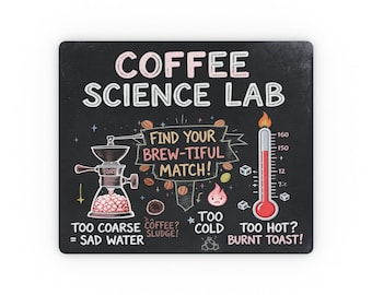 May include: A rectangular black sign titled COFFEE SCIENCE LAB with white and pink text. It features a coffee grinder illustration, a thermometer, and text reading FIND YOUR BREW-TIFUL MATCH, TOO COARSE = SAD WATER, and TOO HOT? BURNT TOAST!