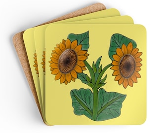 Juego de 4 posavasos con ilustración de girasol amarillo