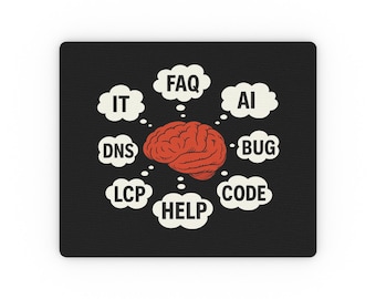 May include: A rectangular black mousepad featuring a central red brain illustration surrounded by white thought bubbles containing the text labels FAQ, AI, BUG, CODE, HELP, LCP, DNS, and IT, arranged in a circular pattern around the brain.