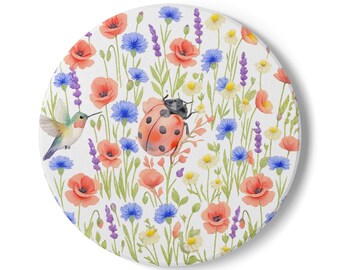Posavasos de cerámica con mariquita y flores silvestres en acuarela / Posavasos floral primaveral