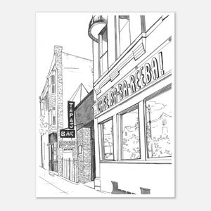 Puede incluir: Un dibujo a tinta en blanco y negro de una escena callejera que muestra un edificio con el texto CAFE BA-BA-REEBA! en la fachada. Junto a él, un edificio más estrecho exhibe un letrero vertical que dice TAPAS BAR con texto menor.