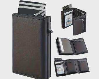 Portafoglio pop-up, fibra di carbonio nera, alluminio rosso, porta carte con protezione RFID.