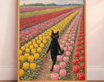 花園の黒猫のアートプリント、印象派風ウォールアートポスター - Etsy 日本