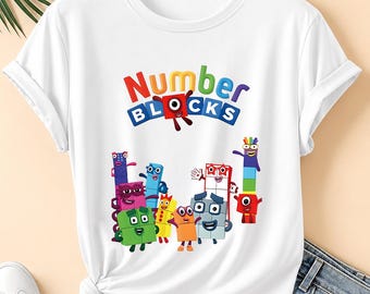Camiseta infantil com estampa de blocos numéricos, camiseta colorida para aprendizado, camiseta fofa de matemática com desenho animado, camiseta de manga curta para bebês e crianças.