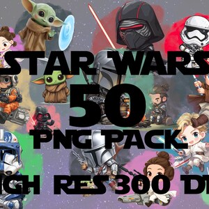 Könnte beinhalten: Digitales Kunstbild mit verschiedenen Star Wars-Charakteren im Cartoon-Stil. Das Bild enthält den Text "STAR WARS 50 PNG PACK HIGH RES 300 DPI". Die Charaktere sind vor einem farbenfrohen Hintergrund platziert.