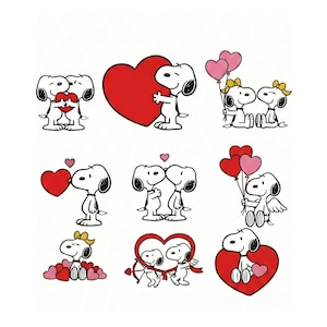 Puede incluir: Una colección de ilustraciones de Snoopy en varias poses, cada una con corazones y expresiones de amor. Snoopy se representa sosteniendo corazones, abrazando corazones y con globos en forma de corazón. Las imágenes son en blanco, negro, rojo y rosa.