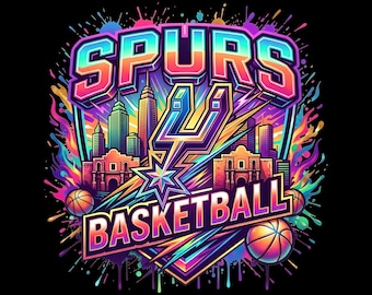 Imagen PNG del equipo de baloncesto Spurs, gráfico de baloncesto de San Antonio, diseño de camiseta deportiva retro, PNG de sublimación de alta resolución (descarga digital).