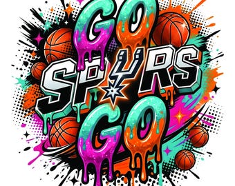 GO SPURS GO Paquete Svg Png – Diseño de sublimación de equipo de baloncesto, imágenes prediseñadas deportivas de graffiti retro, diseño de camiseta de tipografía de goteo, archivo de corte Cricut,