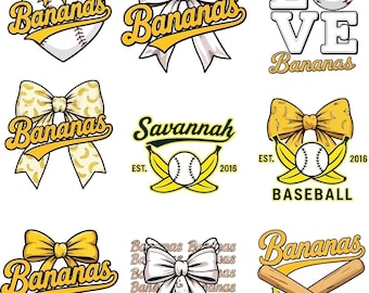 Paquete SVG PNG de Savannah Bananas / Logotipo de lazo de béisbol femenino / Diseño de mamá de béisbol de Bananas / Clipart del equipo de lazo amarillo / Archivos de sublimación de Cricut