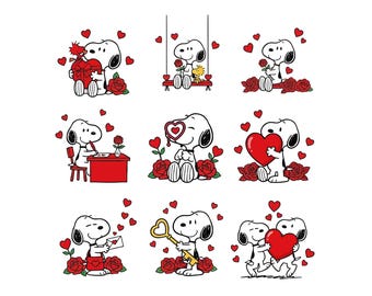Paquete SVG de perro lindo, clipart de cachorro de dibujos animados, perro Charlie Brown Snoopy, PNG de San Valentín, paquete para amantes de los perros, descarga de Cricut y sublimación