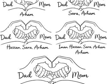 Manos de corazón familiares personalizadas SVG PNG / Diseño personalizado con nombres de mamá, papá e hijos / Arte lineal minimalista familiar SVG / Archivo de corte para Cricut + Paquete de BONIFICACIÓN