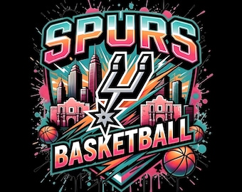 Imagen PNG del equipo de baloncesto Spurs, gráfico de baloncesto de San Antonio, diseño de camiseta deportiva retro, PNG de sublimación de alta resolución (descarga digital).