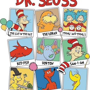 May include: A colorful illustration featuring characters from Dr. Seuss books. The image includes The Cat in the Hat, The Lorax, Thing 1 and Thing 2, Red Fish, Horton, Sam-I-Am, Guy-Am-I, The Fox in the Socks, and The Sweetches, each in a framed picture.