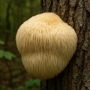 Op de afbeelding: Een close-up van een Lion's Mane-paddenstoel, cr&egrave;mewit van kleur, die op een boomstam groeit. De paddenstoel heeft een cascade-achtige, harige uitstraling. De achtergrond is wazig en toont groen gebladerte.