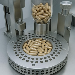 Op de afbeelding: Een capsule-vulmachine van roestvrij staal. Een doorzichtige glazen container is gevuld met bruine capsules, die worden afgegeven in een cirkelvormige lade. Ontworpen voor farmaceutische of supplementenproductie.