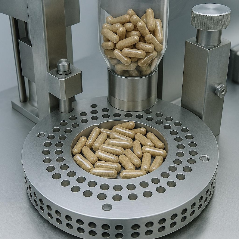 Op de afbeelding: Een capsule-vulmachine van roestvrij staal. Een doorzichtige glazen container is gevuld met bruine capsules, die worden afgegeven in een cirkelvormige lade. Ontworpen voor farmaceutische of supplementenproductie.