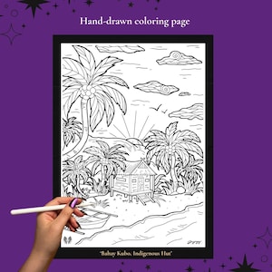 Filipino Indigenous Hut Tropical Beach House, Handmade Single Coloring Page (PDF digital download)