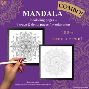 May include: A combo set of mandala coloring pages and trace & draw pages for relaxation. The image shows two framed black and white mandala designs, with the text "MANDALA" and "COMBO!" on a purple background. The text says "100% hand drawn!" and "Relax, unwind, and get creative with this combo coloring set!"