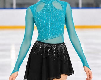 May include: A turquoise long-sleeve ice skating dress featuring a mock neck, sheer mesh sleeves, and a bodice embellished with silver crystals. The skirt is black, asymmetrical, and decorated with a cascading pattern of silver crystals.