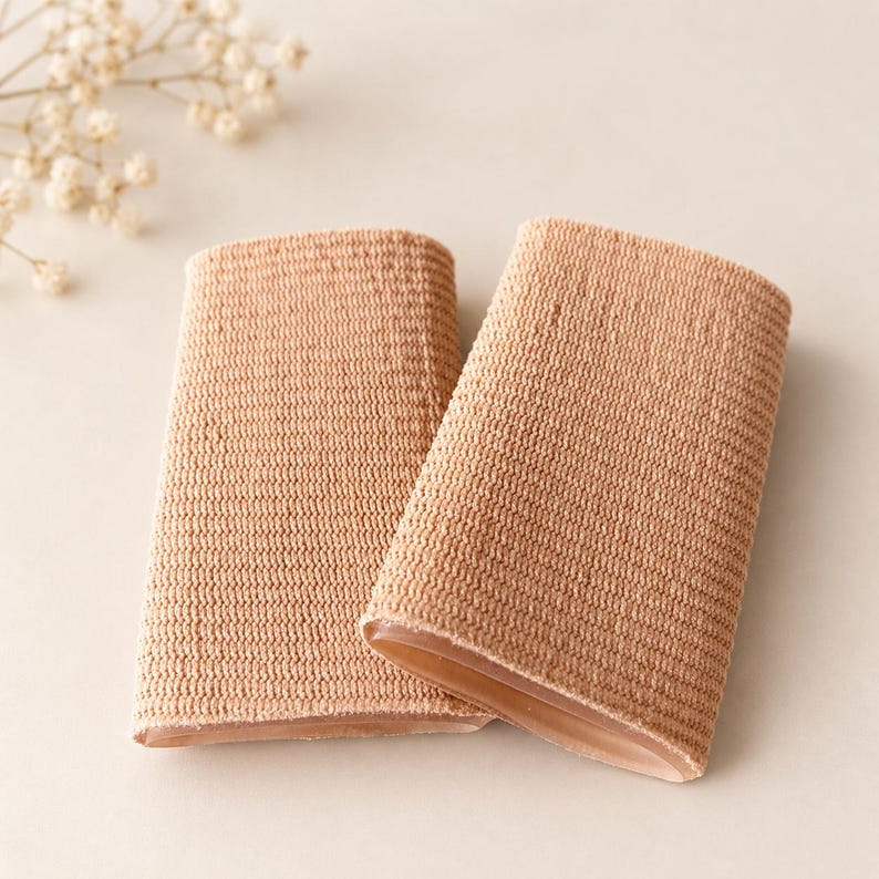 May include: Two beige finger sleeves made of a flexible, knit fabric. Each sleeve features a textured, woven exterior surface and a smooth, semi-transparent gel-like lining visible at the open end, designed for finger protection.
