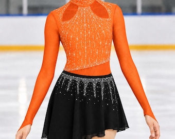 May include: A long-sleeved ice skating dress featuring a bright orange bodice with a high neckline, sheer sleeves, and intricate silver crystal embellishments. The skirt is black, asymmetrical, and decorated with silver crystals at the waist.