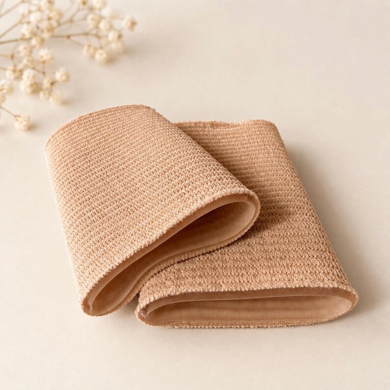 May include: A pair of beige compression sleeves featuring a textured, knit-like exterior surface and a smooth, solid-colored interior lining. The sleeves are cylindrical in shape and have a consistent, neutral tan color throughout the fabric.