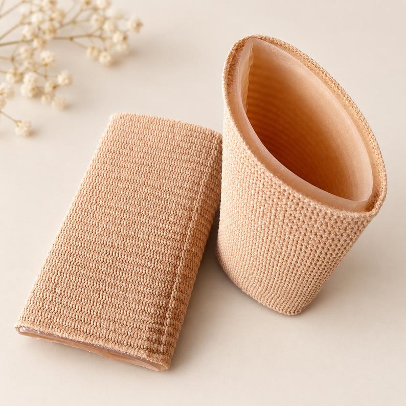 May include: Two beige, textured, cylindrical fabric sleeves with a soft, smooth interior lining. One sleeve is flattened into a rectangular shape, while the other remains open in a tubular form, showcasing the contrast between the exterior knit.
