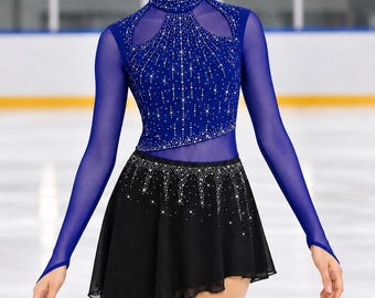 May include: A long-sleeved ice skating dress featuring a royal blue bodice with a high neck, sheer mesh panels, and intricate silver crystal embellishments. The skirt is black, asymmetrical, and layered with a crystal-studded waistband.