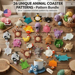 Ensemble de motifs au crochet 26 en 1 en format PDF - Mug pop-up, sous-verre chat, support vidéo