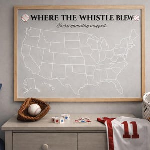 May include: A framed map of the United States with baseball-themed accents. The text "WHERE THE WHISTLE BLEW" is displayed above the map. A baseball glove, ball, and jersey are on a nearby nightstand. A basket holds a soccer ball and a football.