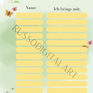Könnte beinhalten: Eine digitale Buffetliste mit hellgrünem Aquarellhintergrund. Die Liste enthält den Titel "Buffet Liste" und Abschnitte für Namen und Beiträge. Verziert mit Illustrationen eines Küken, Schmetterlingen, einer Biene, Blumen und einem Vogel.