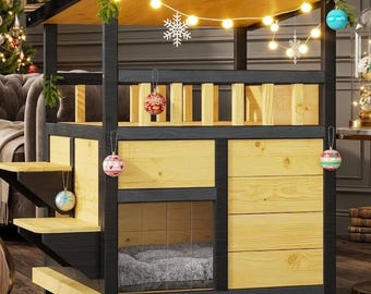 Weatherproof 2-Story Wooden Cat House with Escape Door & Scratching Mat