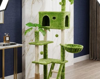 Cat Tree with Decorative Leaves, Multi-Level Indoor Tower with Scratching Posts, Hammock, Cozy Perch
