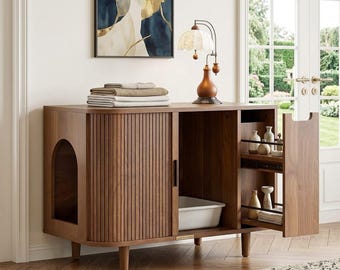 Cat Litter Box Enclosure with Sliding Tambour Door, Hidden Wooden Cat Washroom Furniture