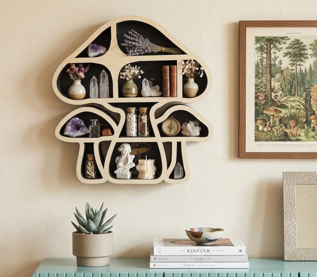Wooden Mushroom Floating Shelf for Wall Mashroom Wall Decor Gemstone ...